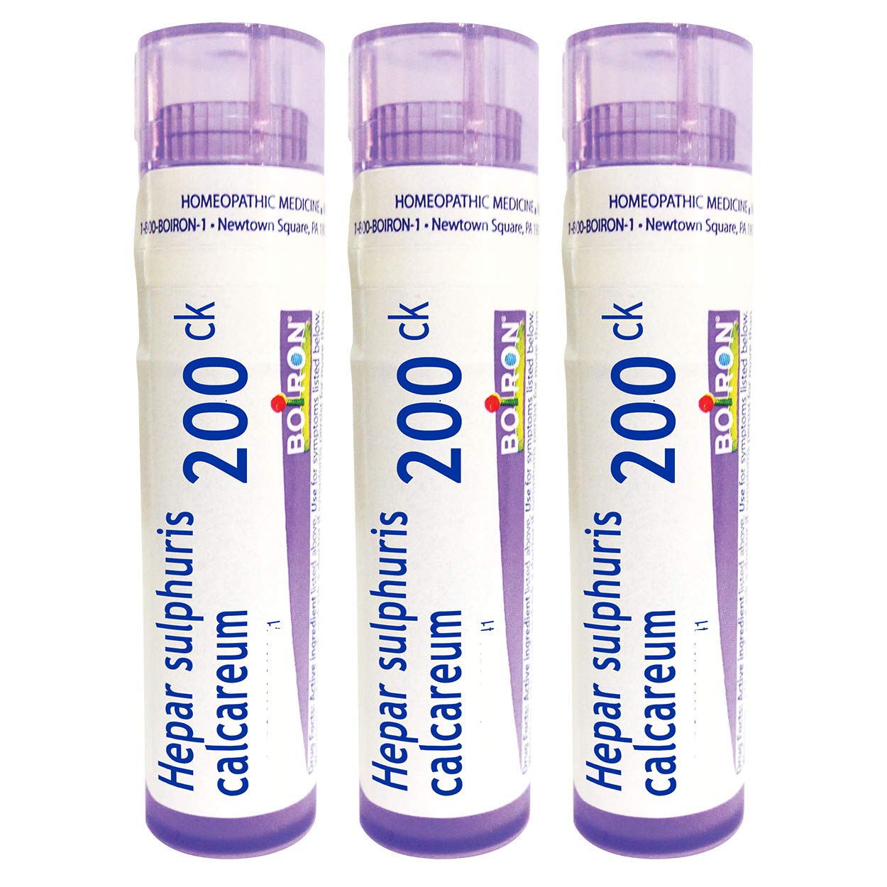 Boiron Hepar Sulphuris Calcareum 200CK pellets in tubes for easy dosing and transport.