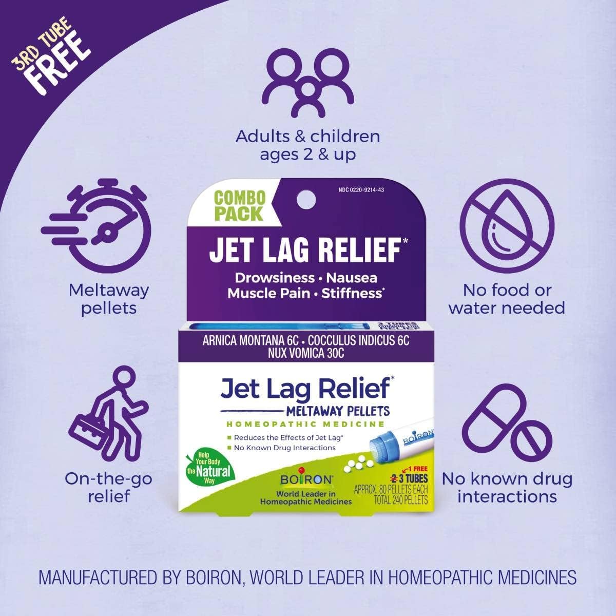 The Boiron Jet Lag Relief Kit tube features Oculus Indices for sleep pattern support during journeys.