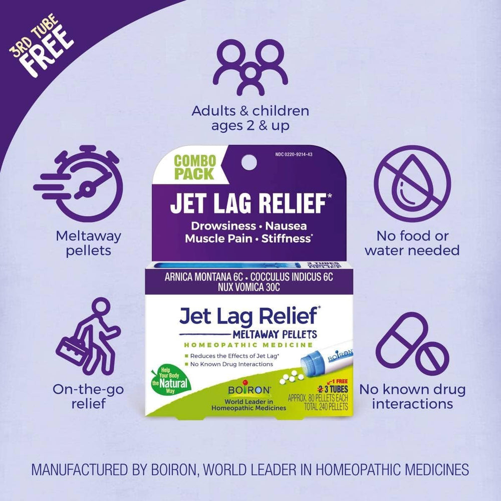The Boiron Jet Lag Relief Kit tube features Oculus Indices for sleep pattern support during journeys.