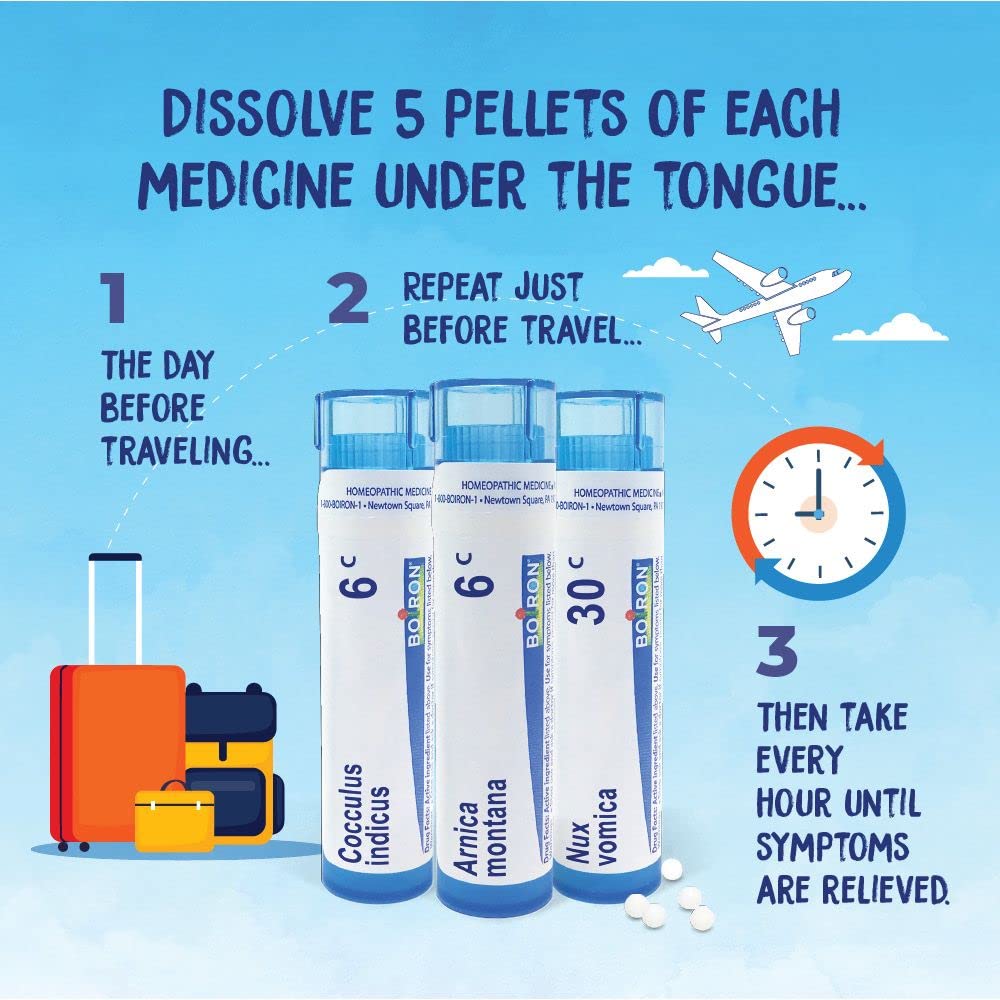 Boiron Jet Lag Relief Kit pellets close-up highlights the quick-dissolving format for travel use.