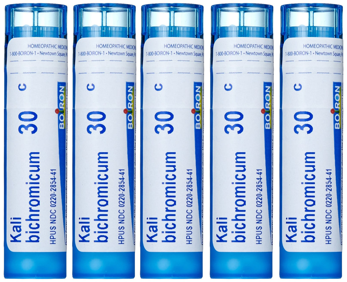 Boiron Kali Bichromicum 30C pellets in bottle for cold relief.