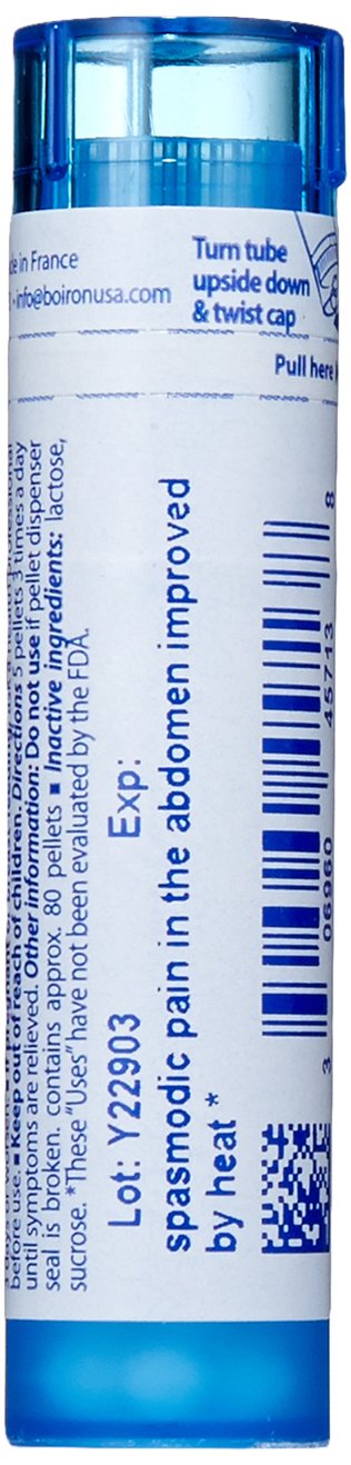 Boiron bottle label displaying 30C potency for abdominal discomfort management.