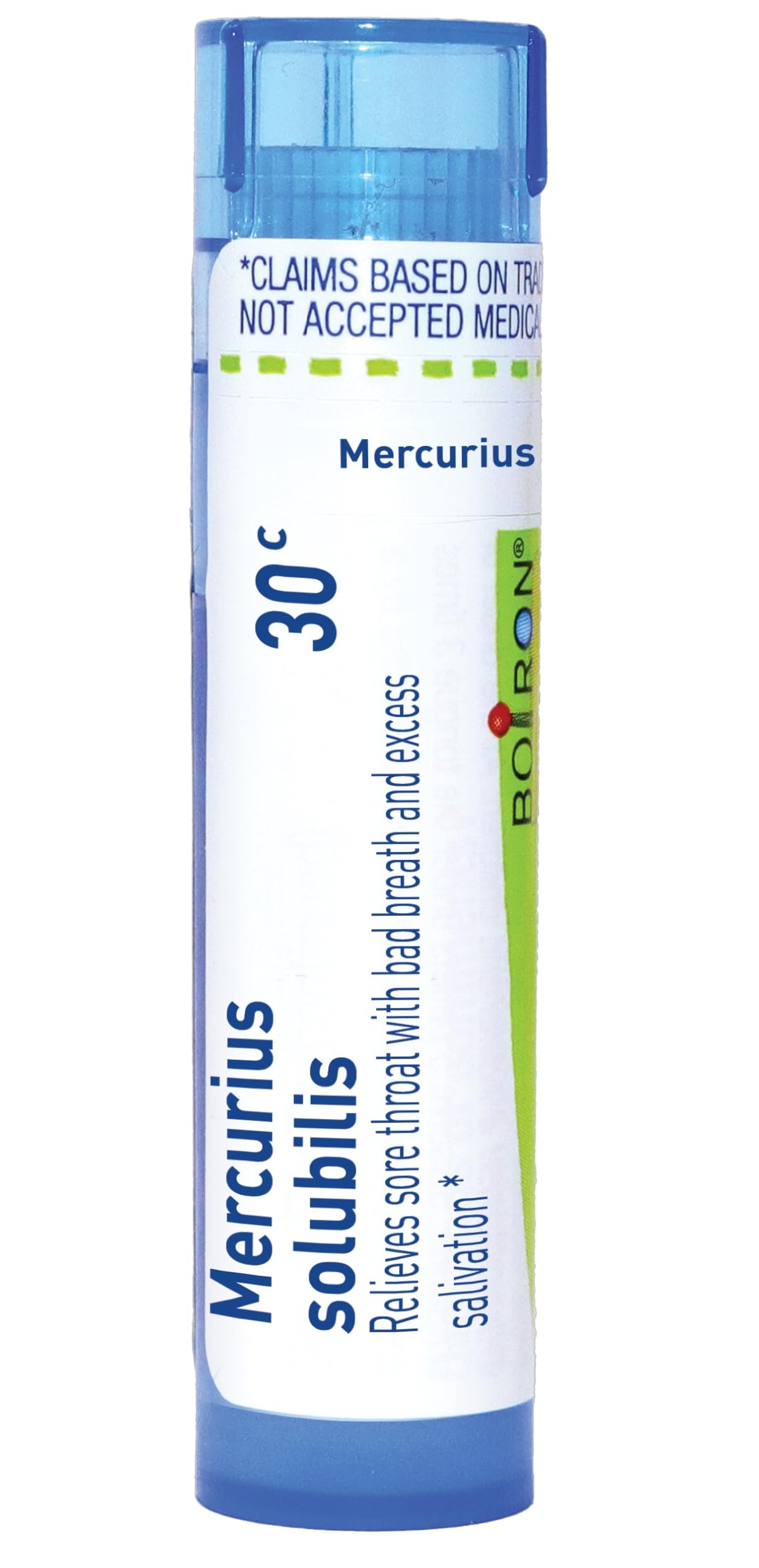 Boiron Mercurius Solubilis 30C tube close-up with pellets for on-the-go relief.