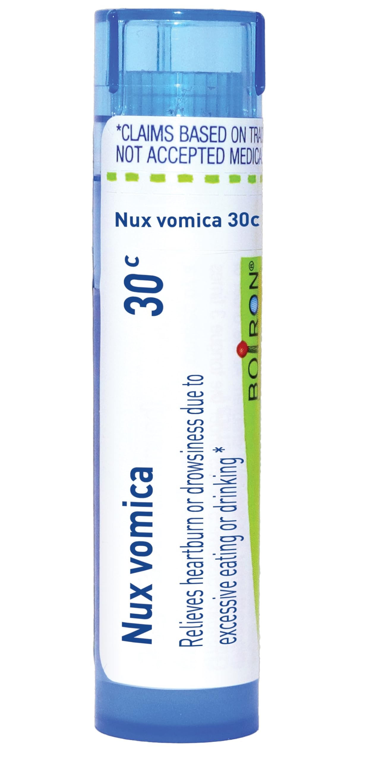 Boiron Nux Vomica 30C tube front for easy on-the-go relief