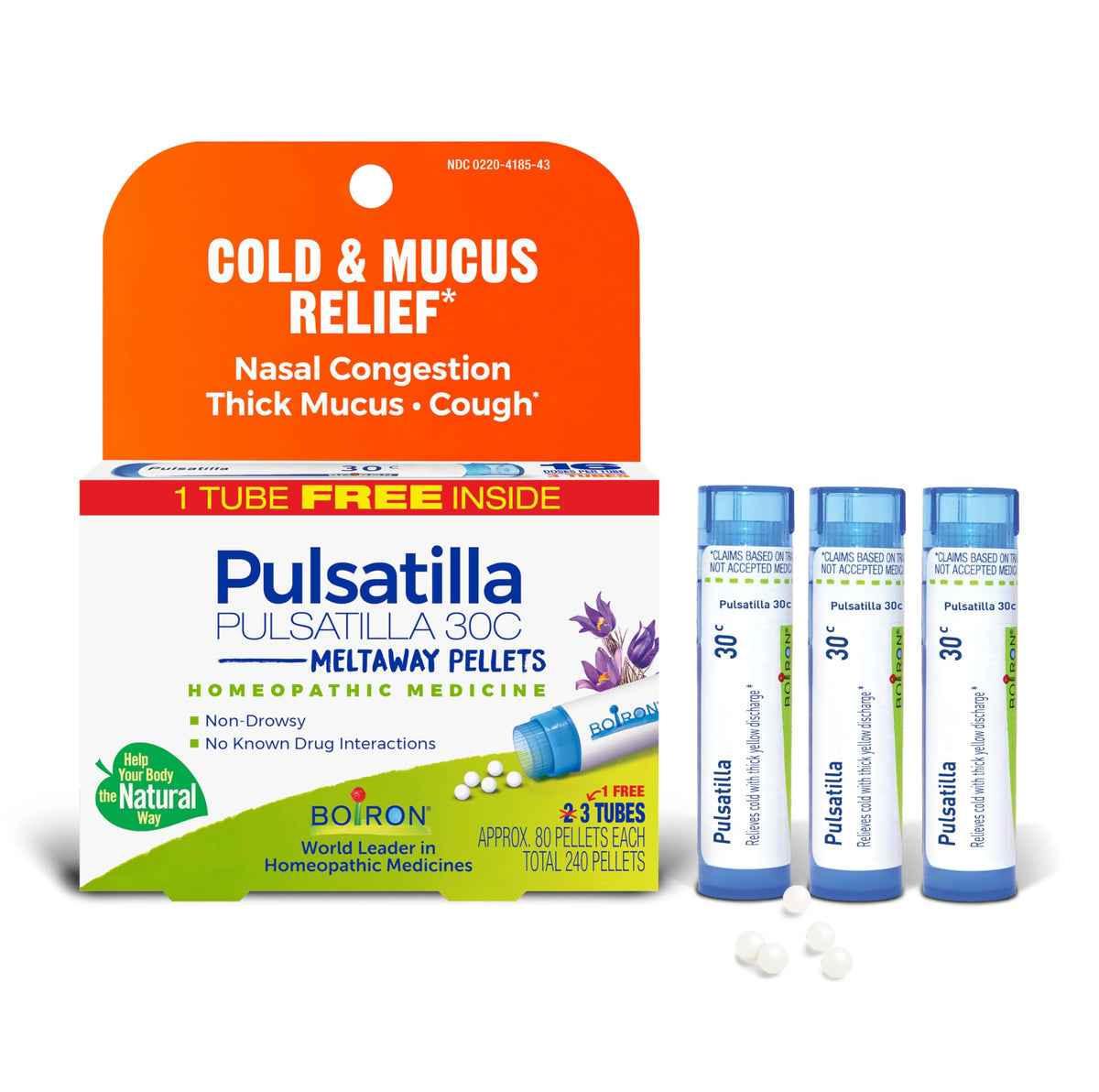 Boiron Pulsatilla 30C pellets dissolving under the tongue for discreet, fast relief.