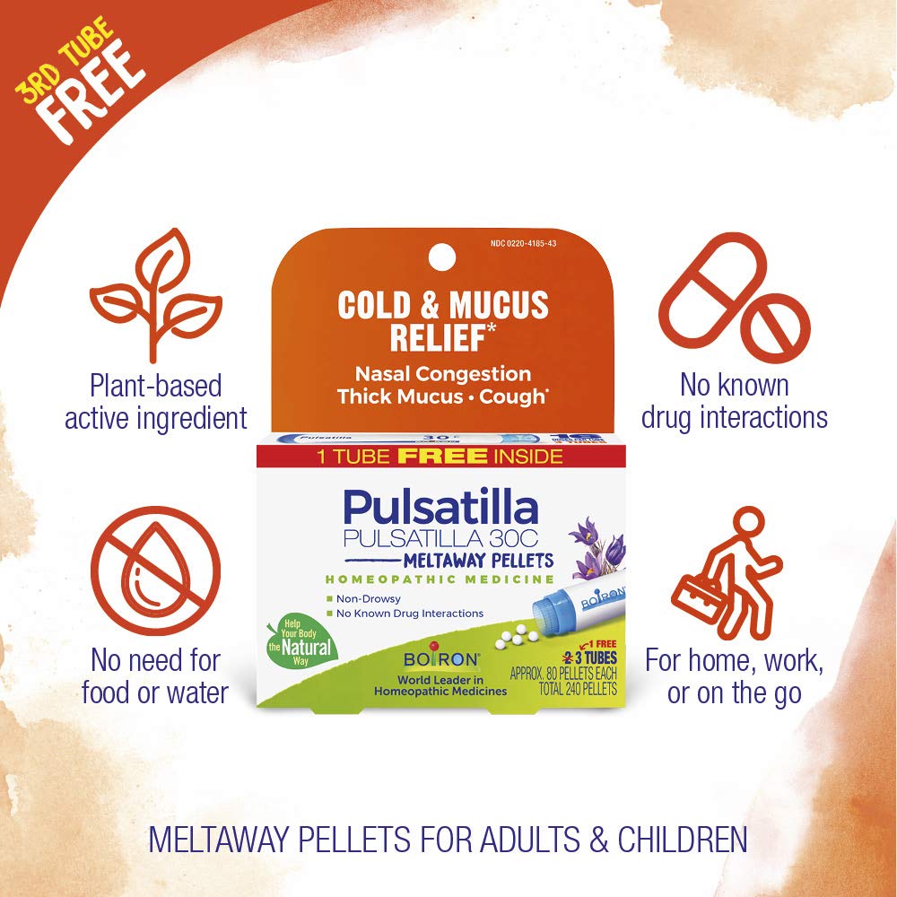 Boiron Pulsatilla 30C helps with thick mucus and a spasmodic wet cough.
