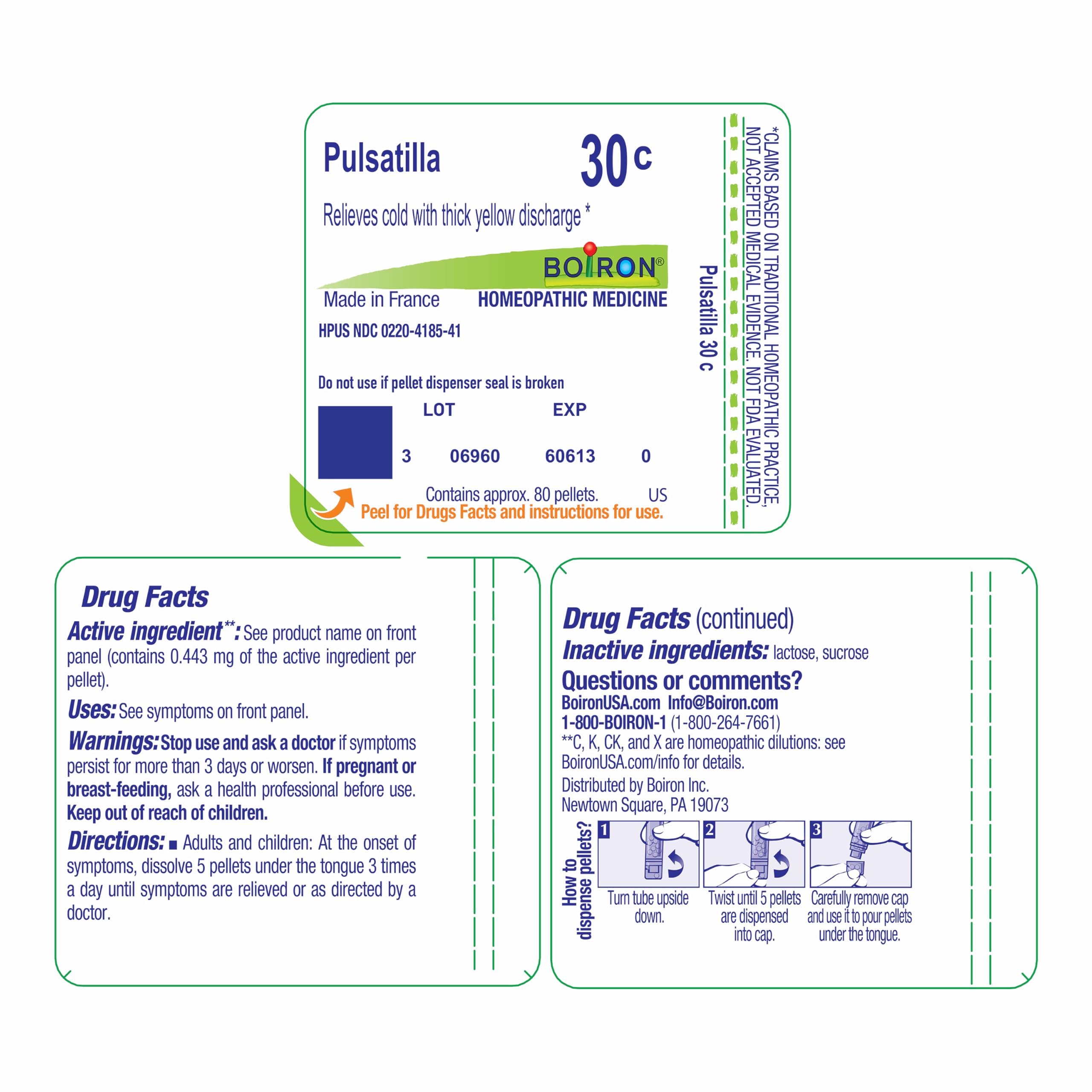 Side view of Boiron Pulsatilla bottle with clear dosage tube.