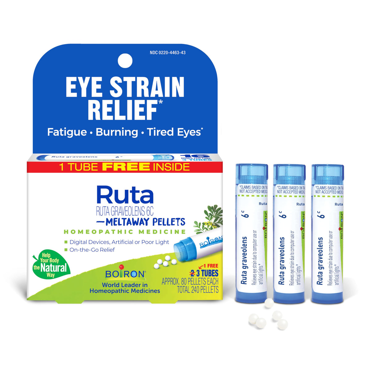 Boiron Ruta Graveolens 6C eye strain pellets in a tube for quick relief.
