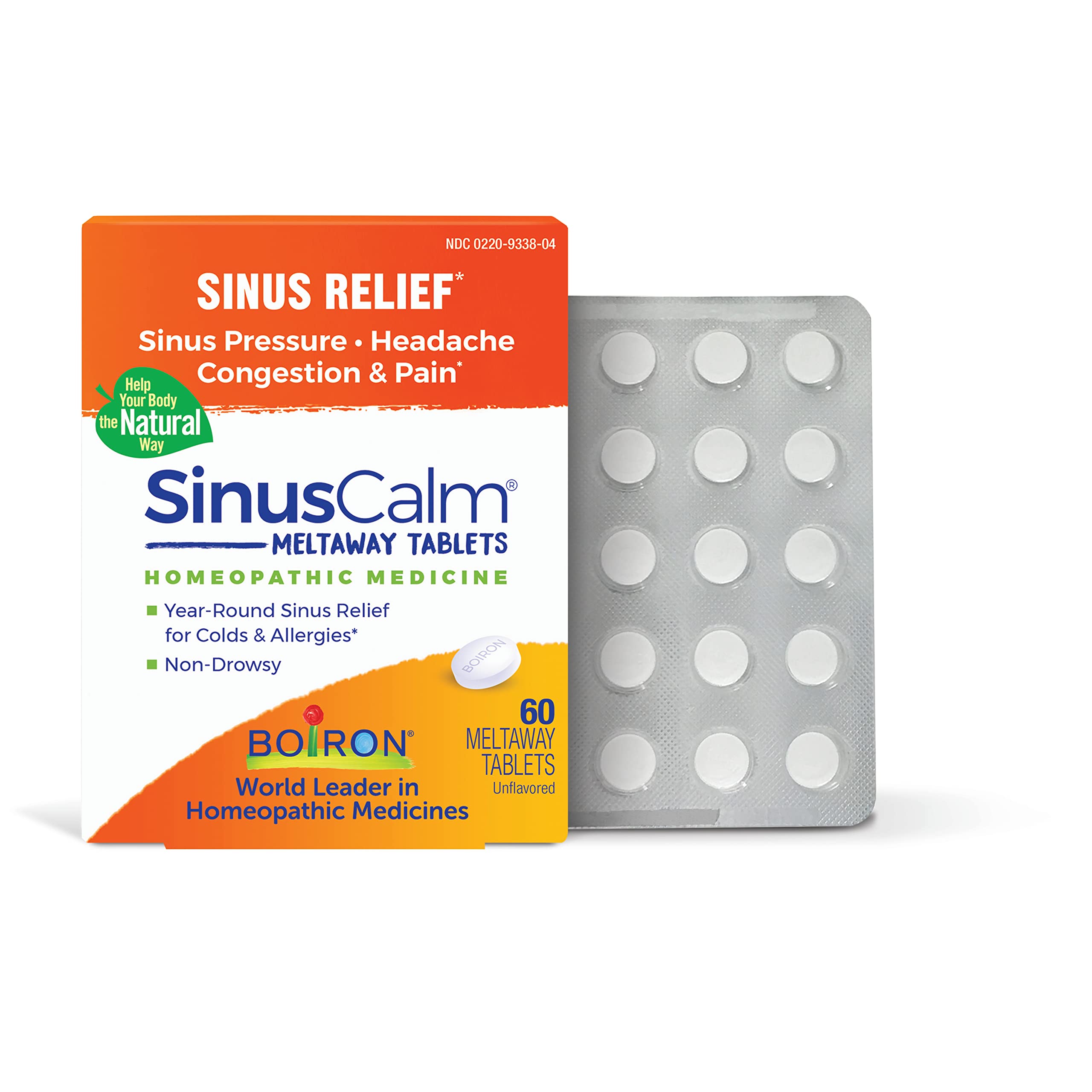 Boiron SinusCalm box front showing a 60-count package for sinus relief