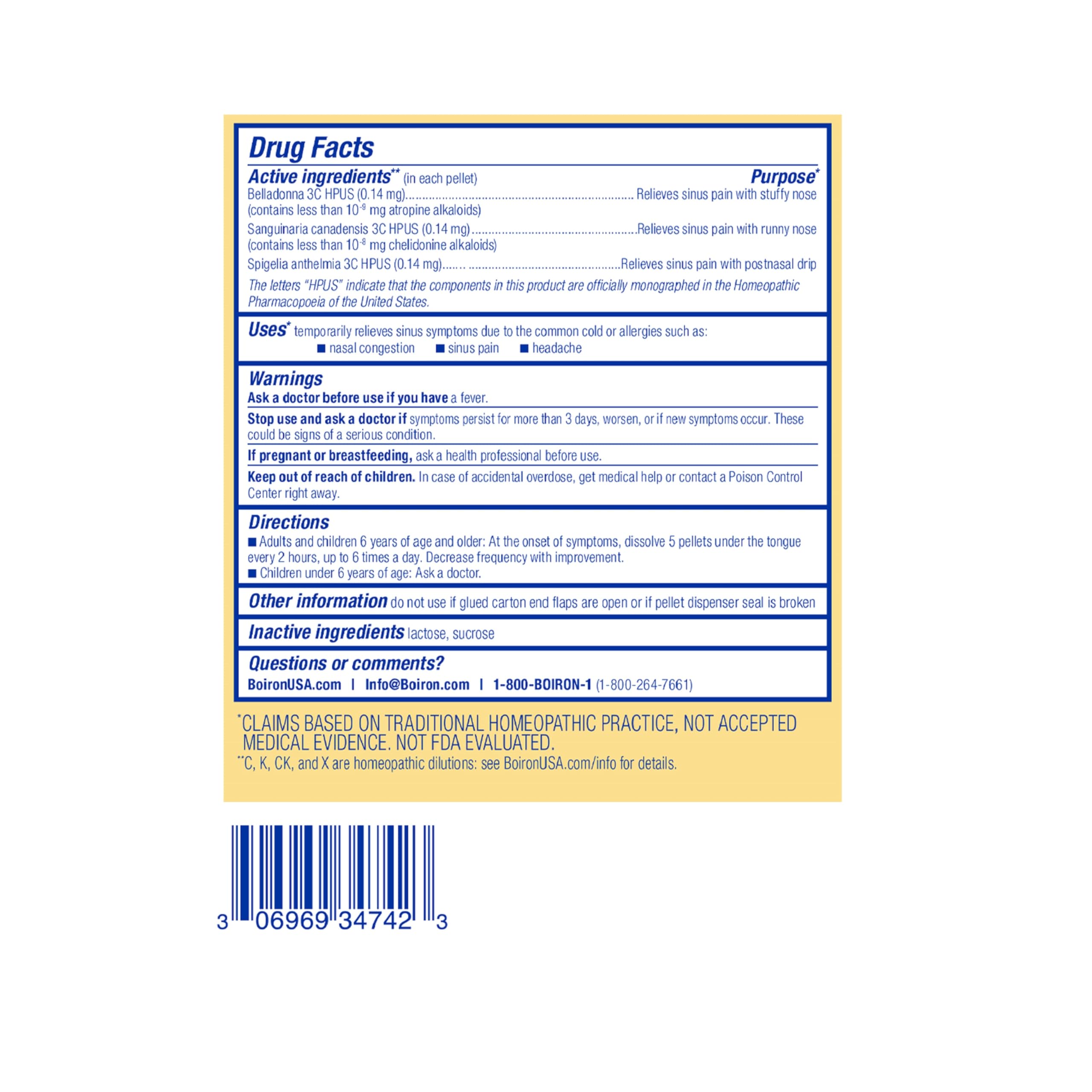 Phenylephrine-free SinusCalm label highlighted.