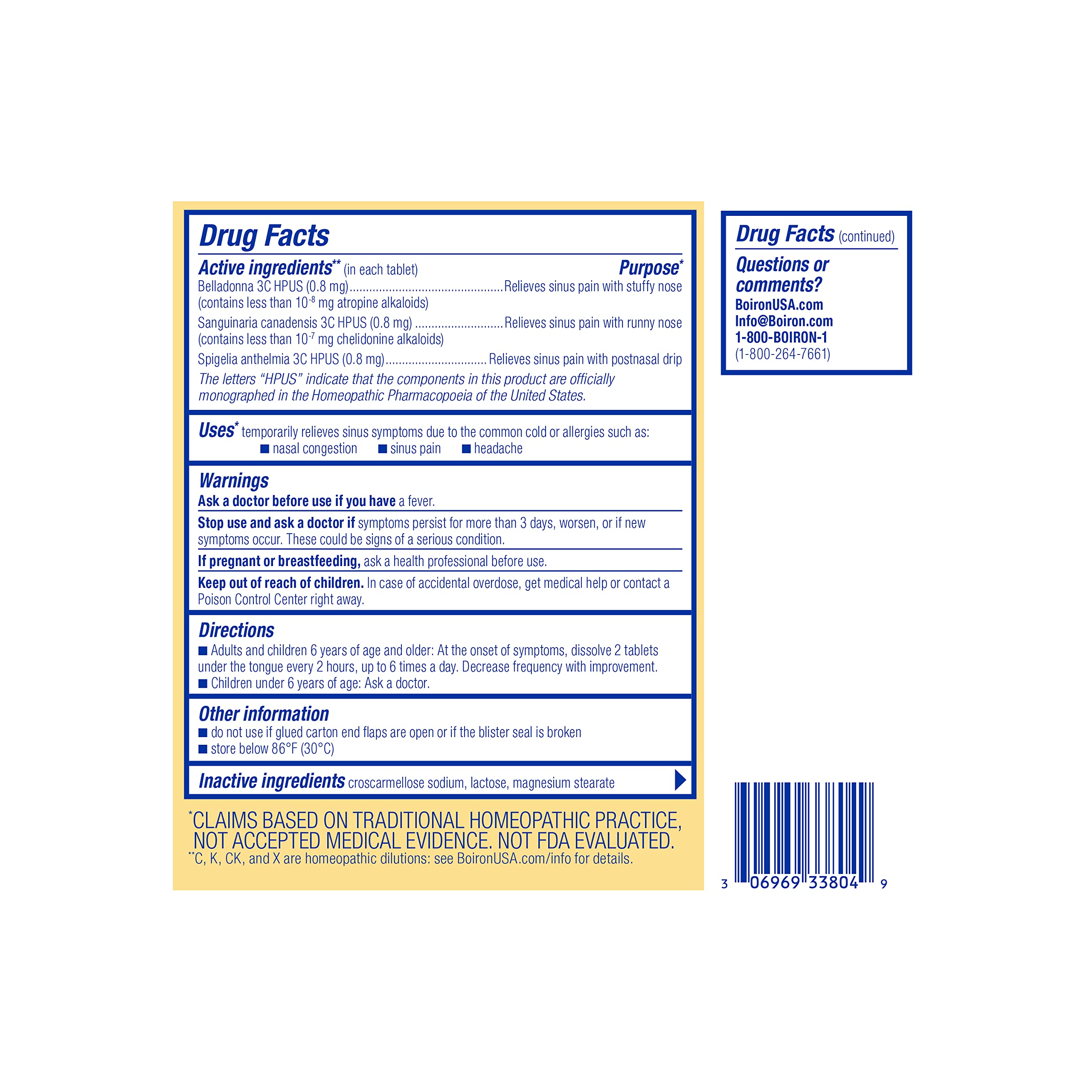 Boiron SinusCalm preservative-free label on the bottle