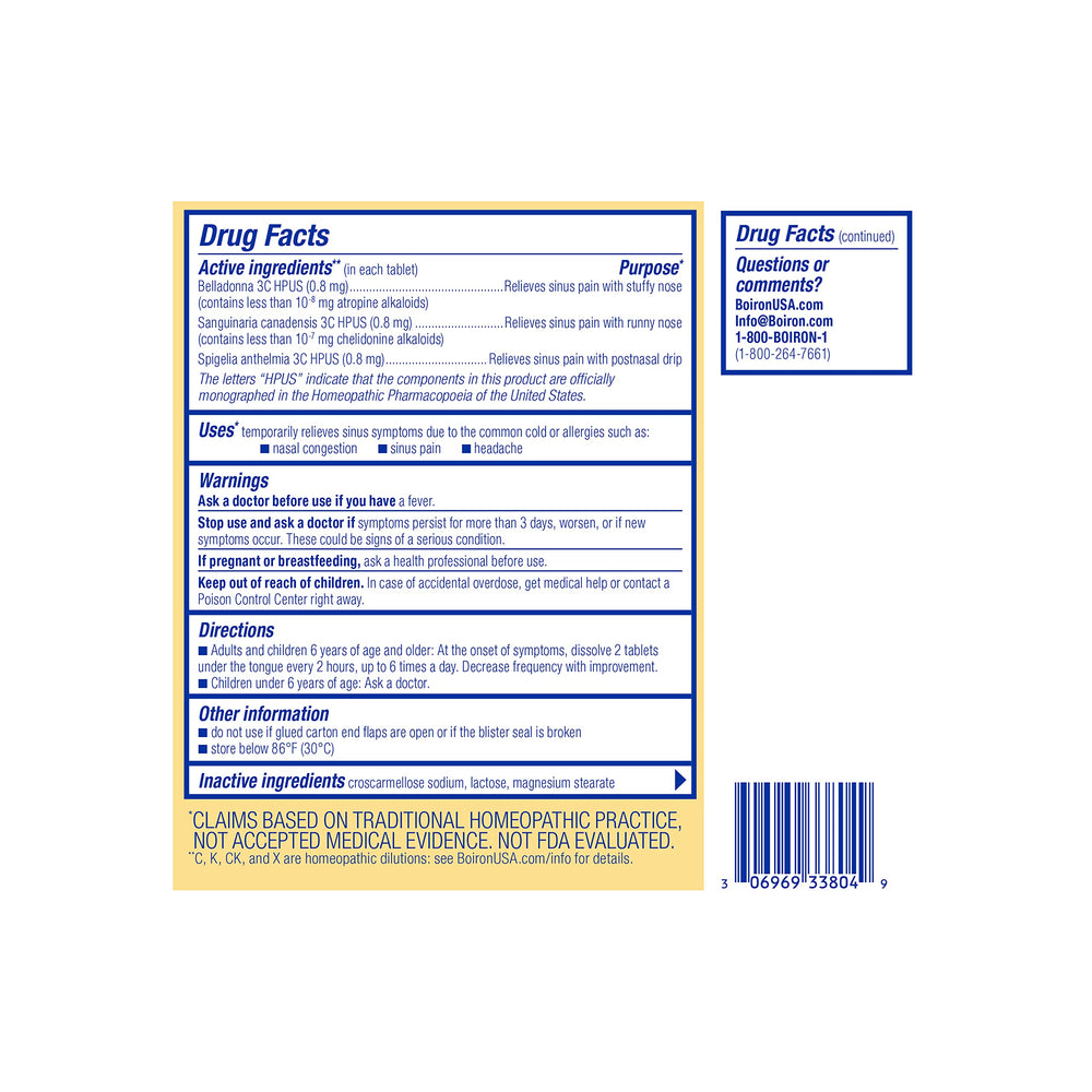 Boiron SinusCalm preservative-free label on the bottle