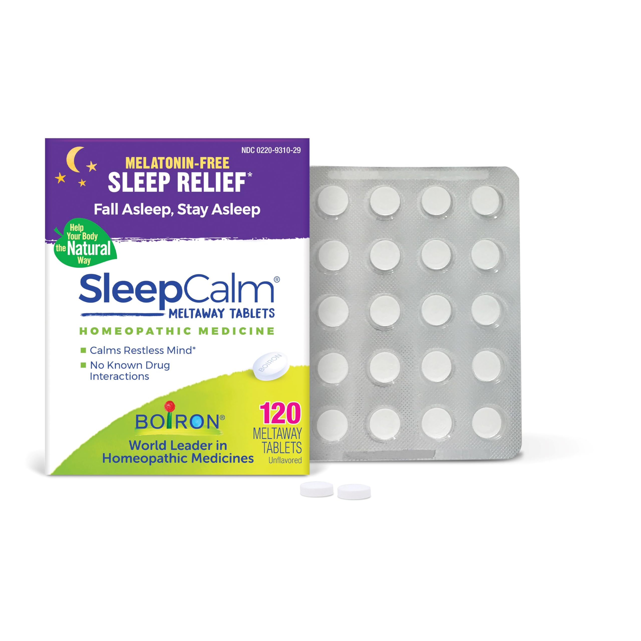 Boiron SleepCalm bottle front view suggests a calm, restorative night.