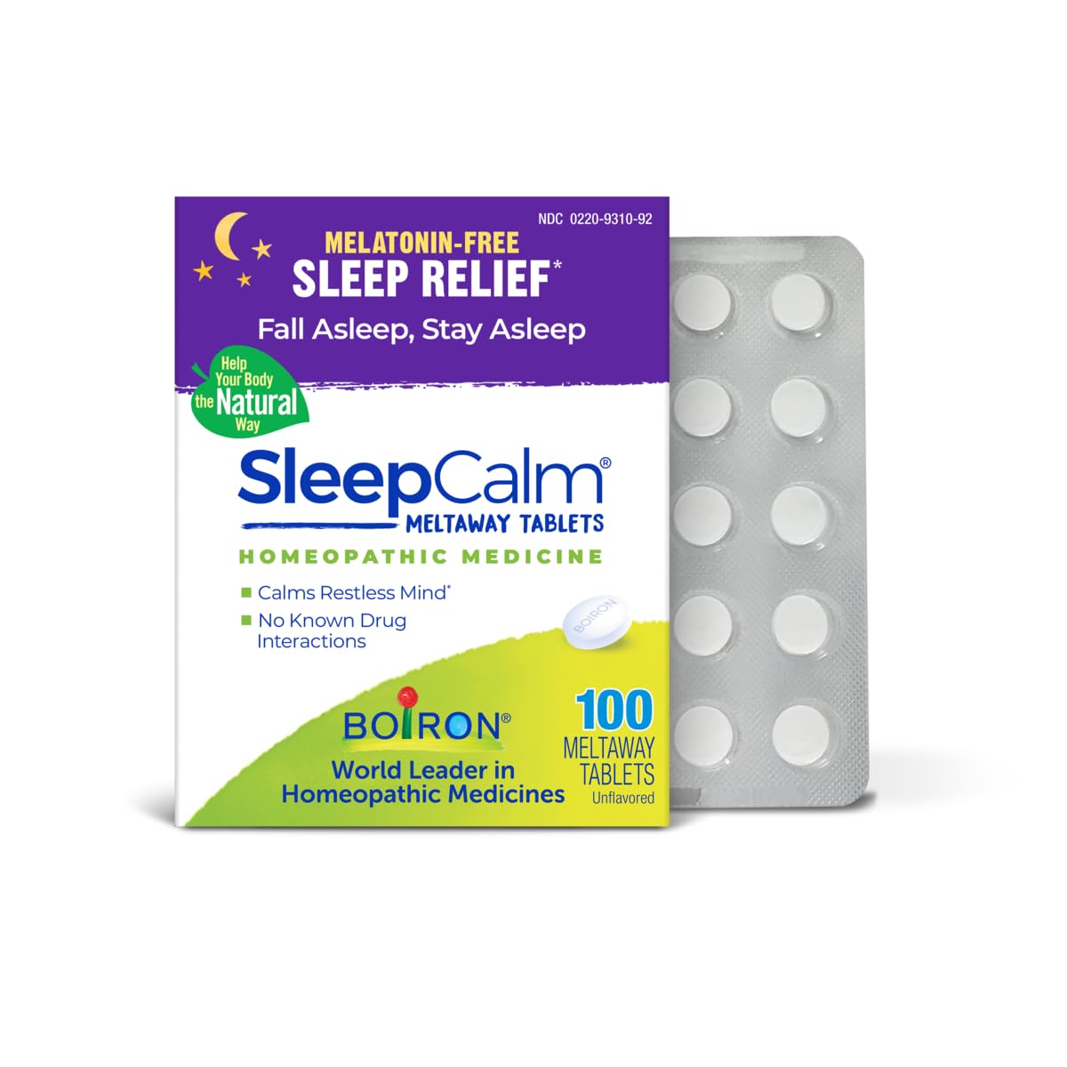 Boiron SleepCalm Meltaway Tablets front view, convenient night-time sleep support