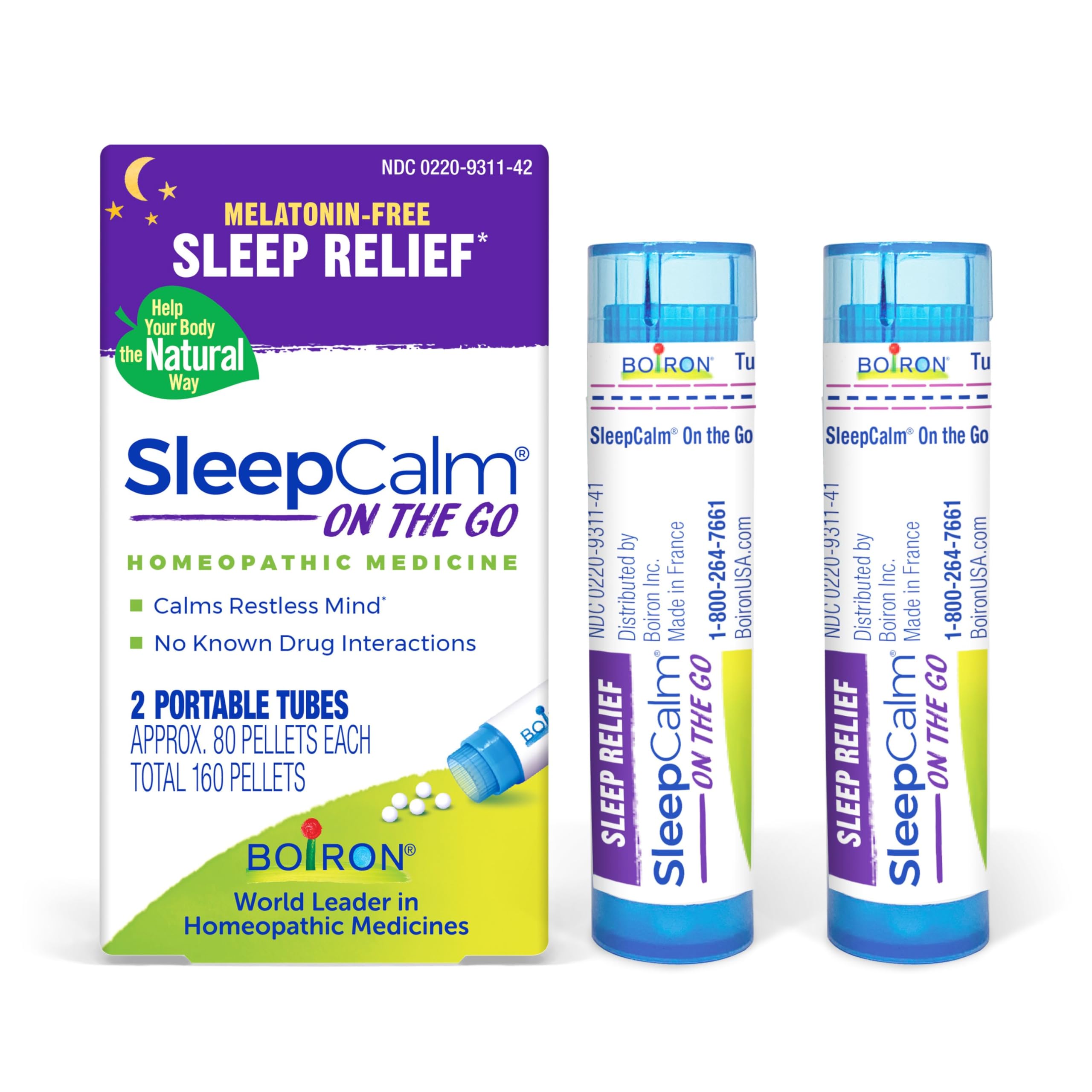 Boiron SleepCalm On the Go pellet tube for melatonin-free sleep support.