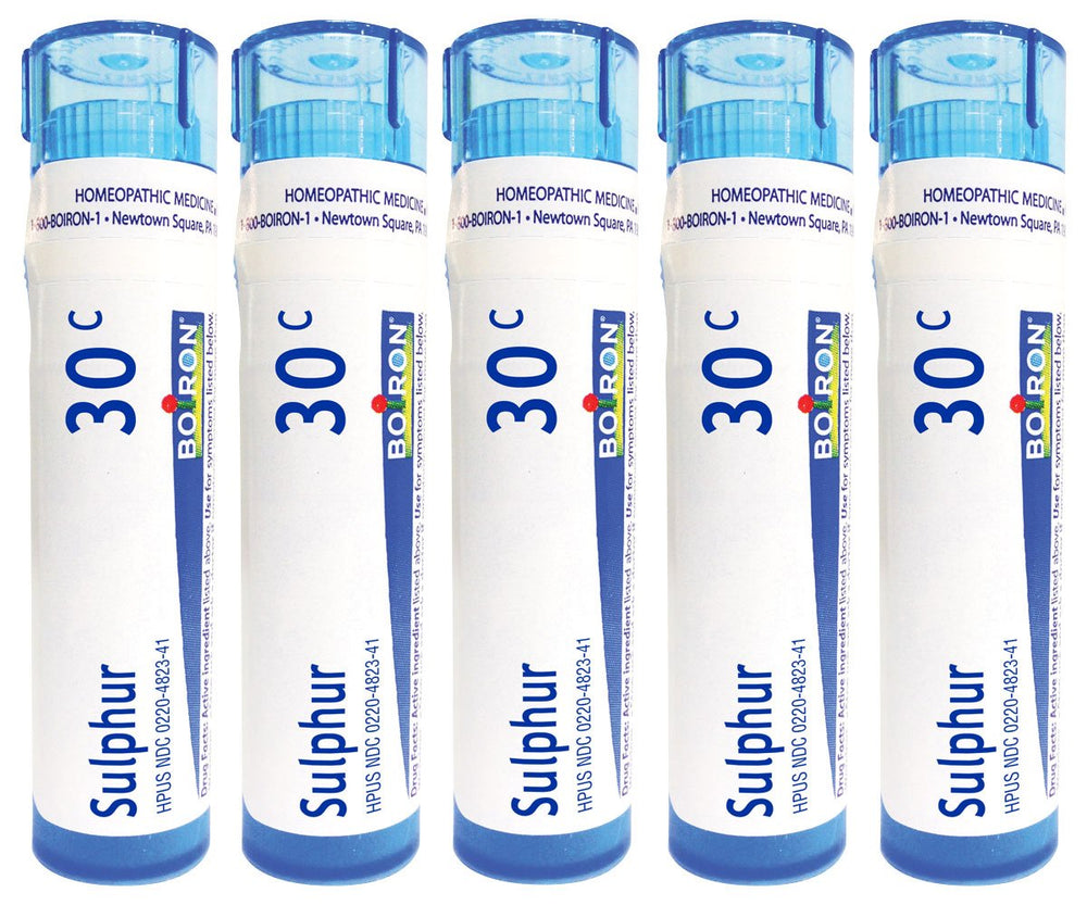 Boiron Sulphur 30C 80-pellet tube close-up for natural skin support.