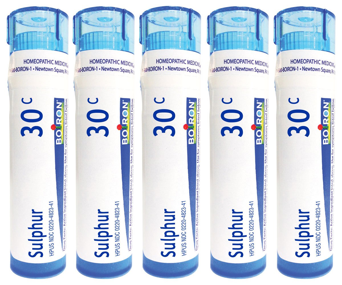 Boiron Sulphur 30C 80-pellet tube close-up for natural skin support.