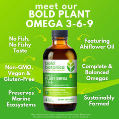 Bold Botanica Ahiflower oil bottle highlights complete plant-based omega source.
