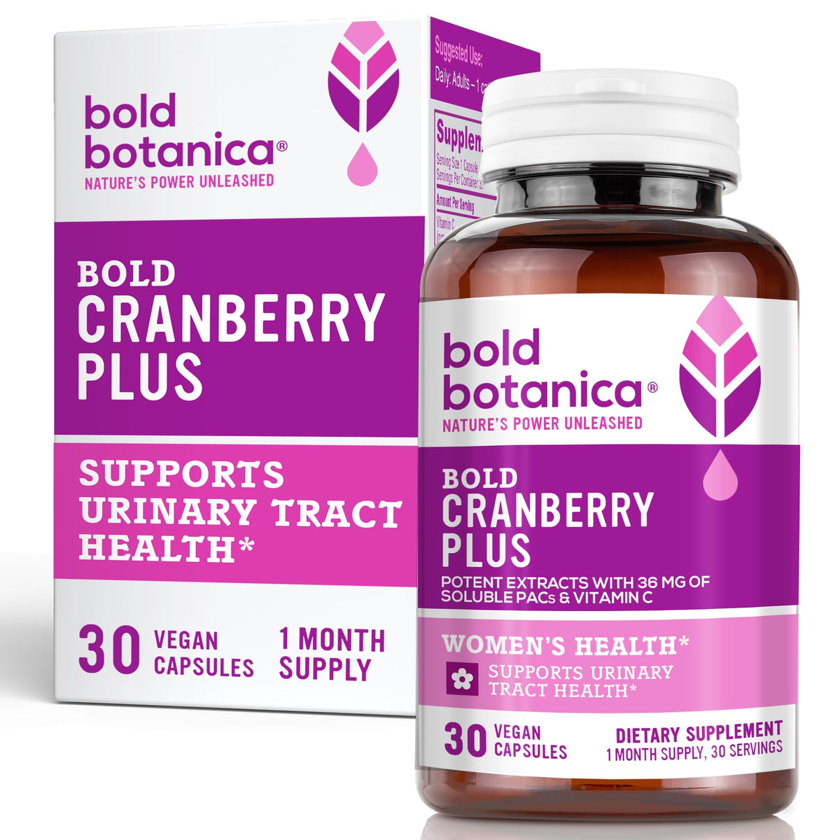 Bold Botanica Bold Cranberry Plus bottle front, vegan capsules for urinary support.