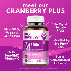 Bold Botanica Cranberry Plus capsules close-up highlighting 36 mg soluble PACs.