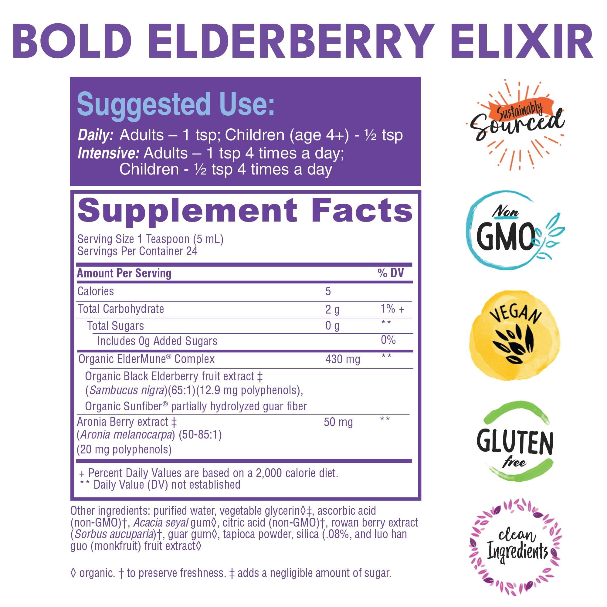 Bold Botanica Elderberry Elixir label highlights vegan, non-GMO, gluten-free ingredients.