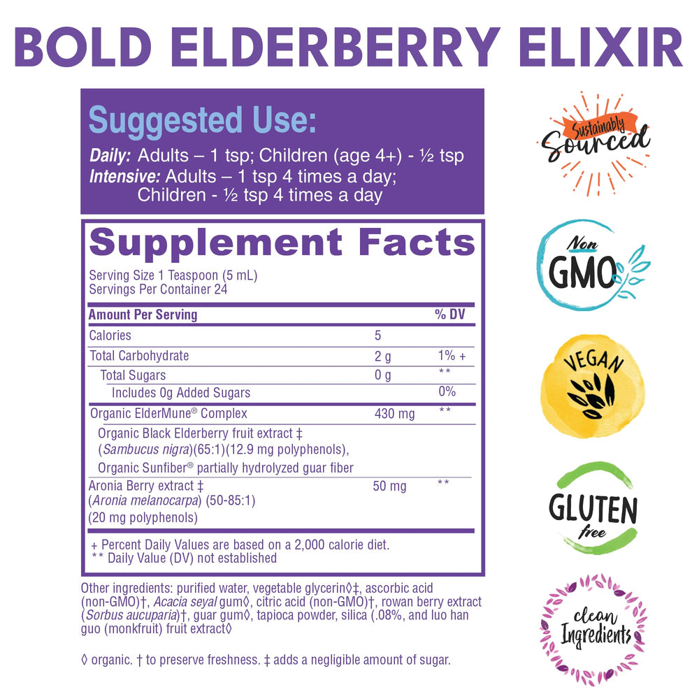Bold Botanica Elderberry Elixir label highlights vegan, non-GMO, gluten-free ingredients.