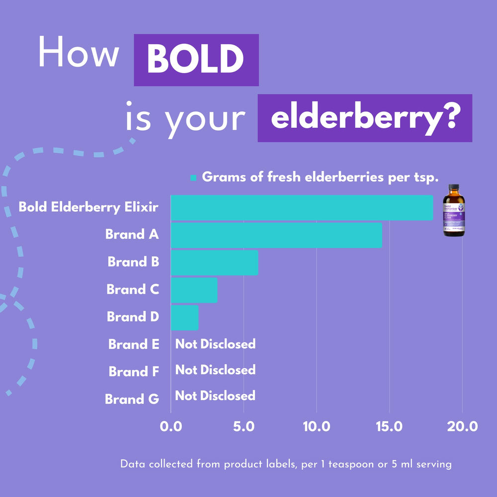 Bold Botanica Elderberry Elixir sugar-free formulation with monk fruit sweetness.