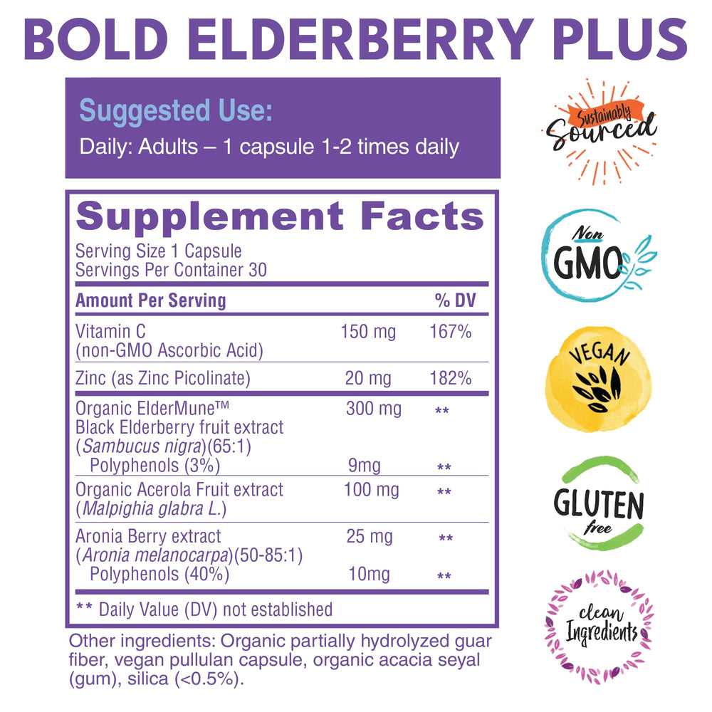 Bold Botanica Elderberry Plus label closeup clean ingredient statement