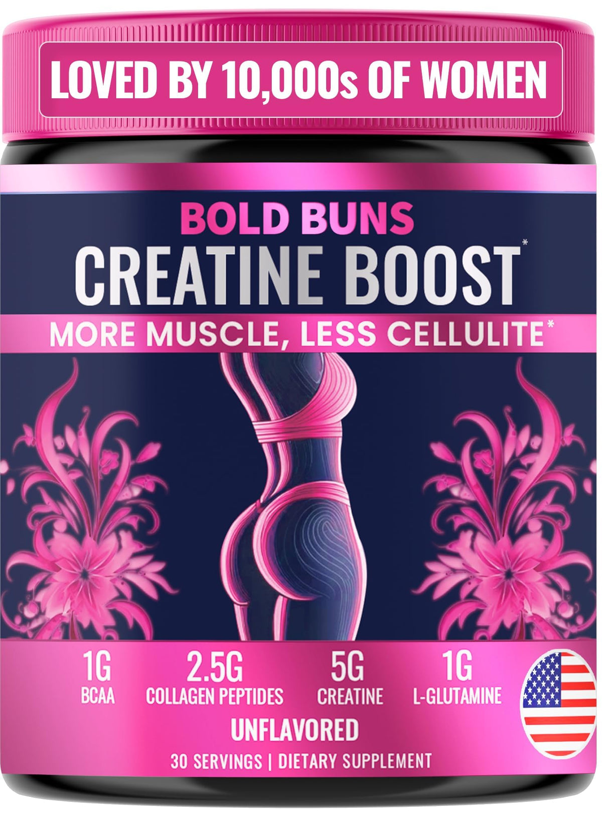 Bold Buns Creatine for Women bottle with 30 servings for convenient workouts