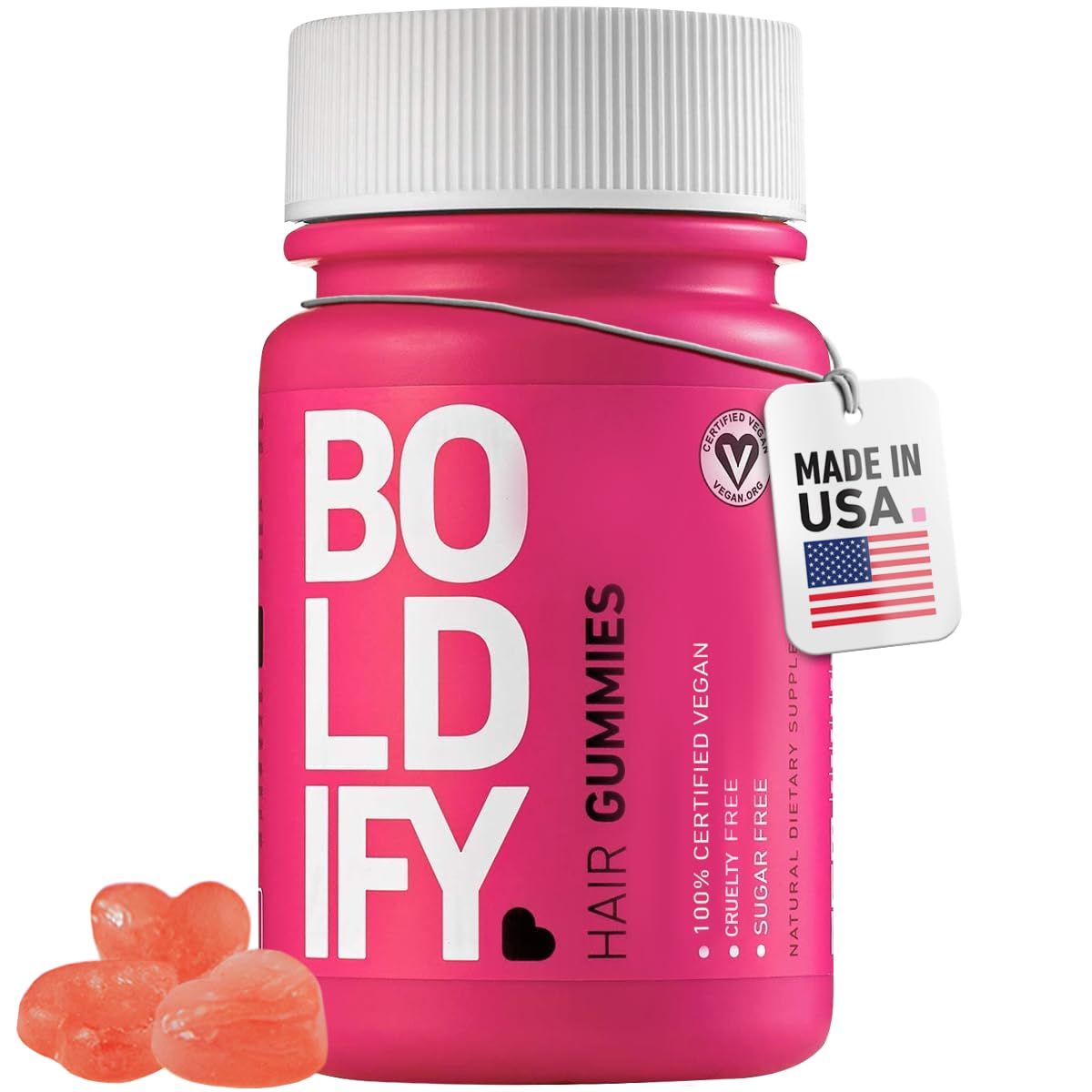 Boldify Hair Growth Gummies bottle showing sugar-free vegan formula for daily beauty support