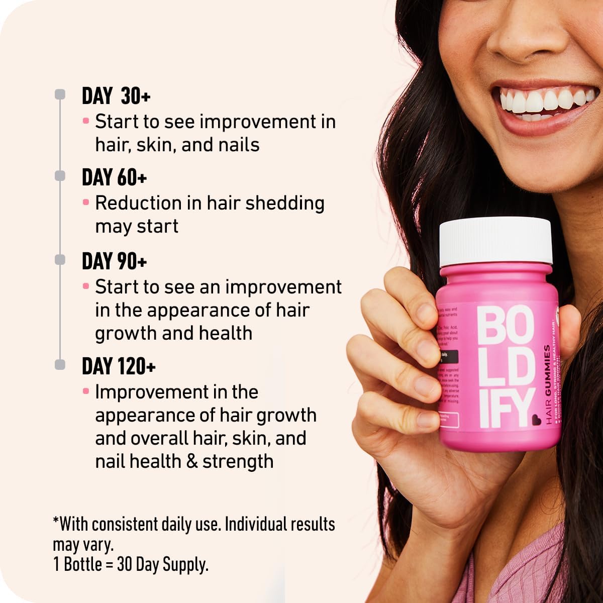 Boldify ingredients panel showing vegan, non-GMO, gelatin-free, dairy-free formulation