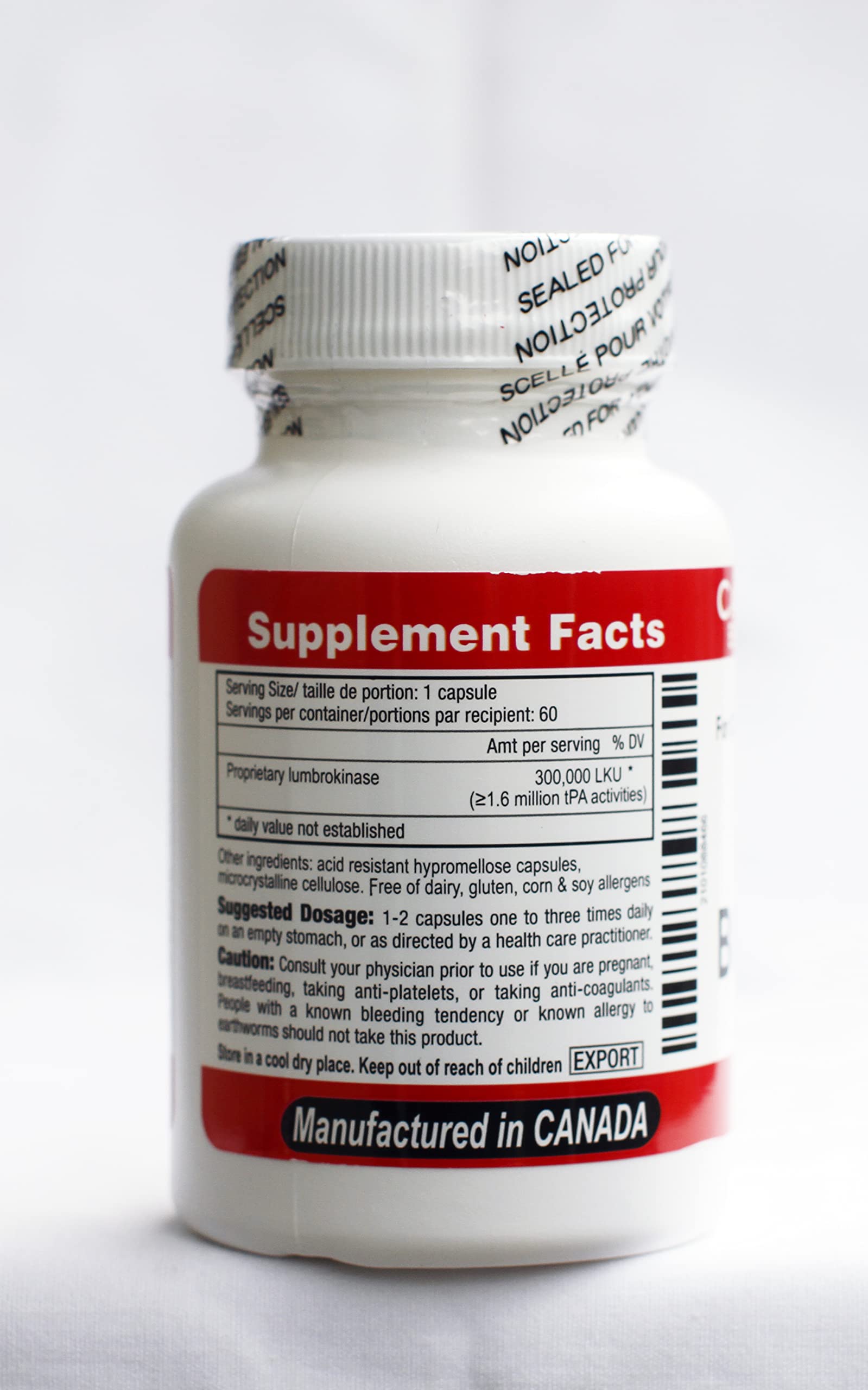 Boluoke capsules close-up; earthworm-derived lumbrokinase enzyme for fibrin breakdown.