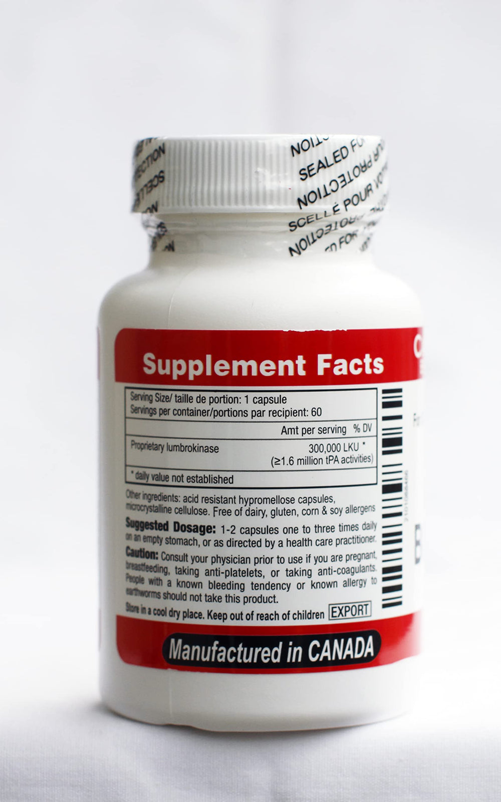 Boluoke capsules close-up; earthworm-derived lumbrokinase enzyme for fibrin breakdown.