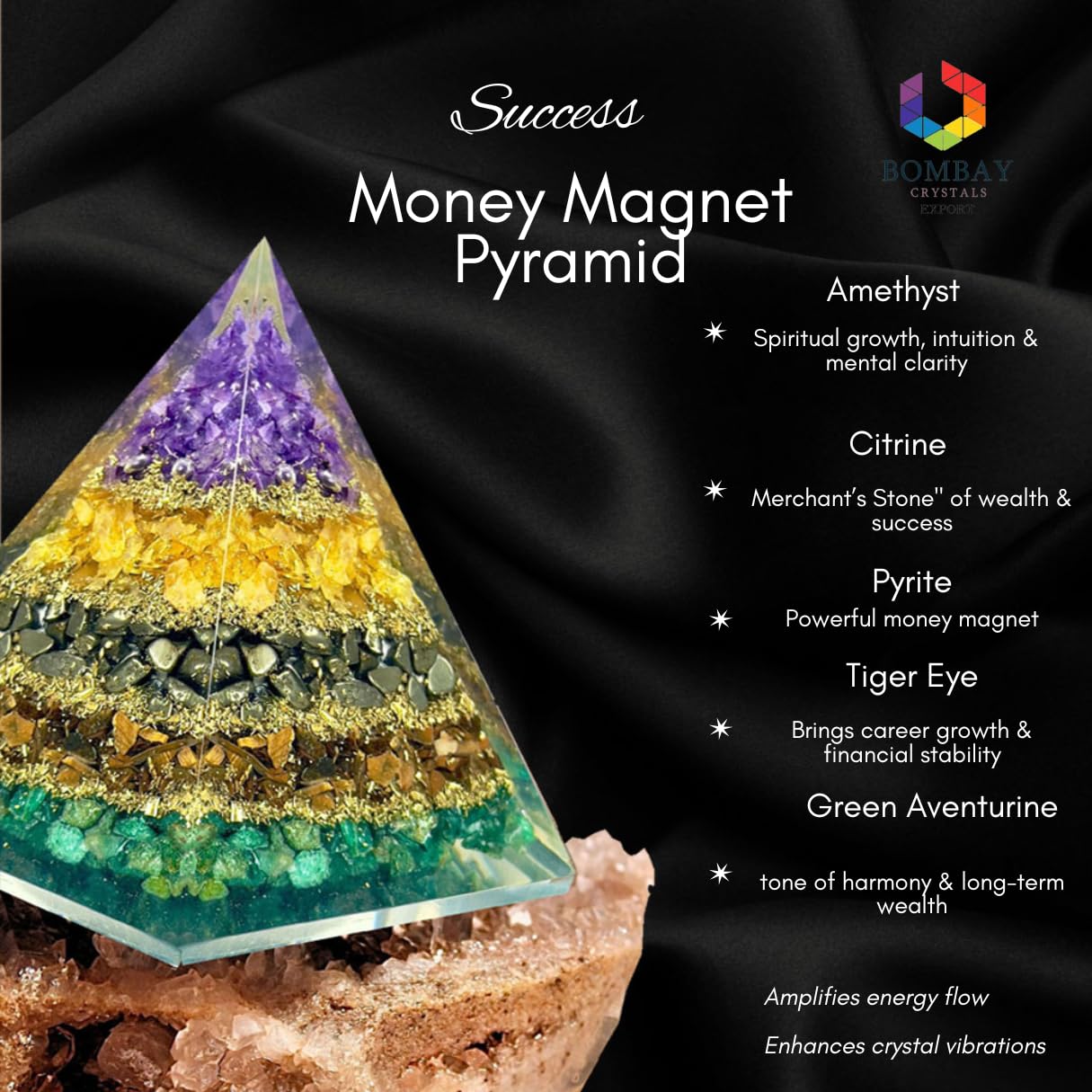 Bombay Crystals Export pyramid used for meditation and Reiki sessions.