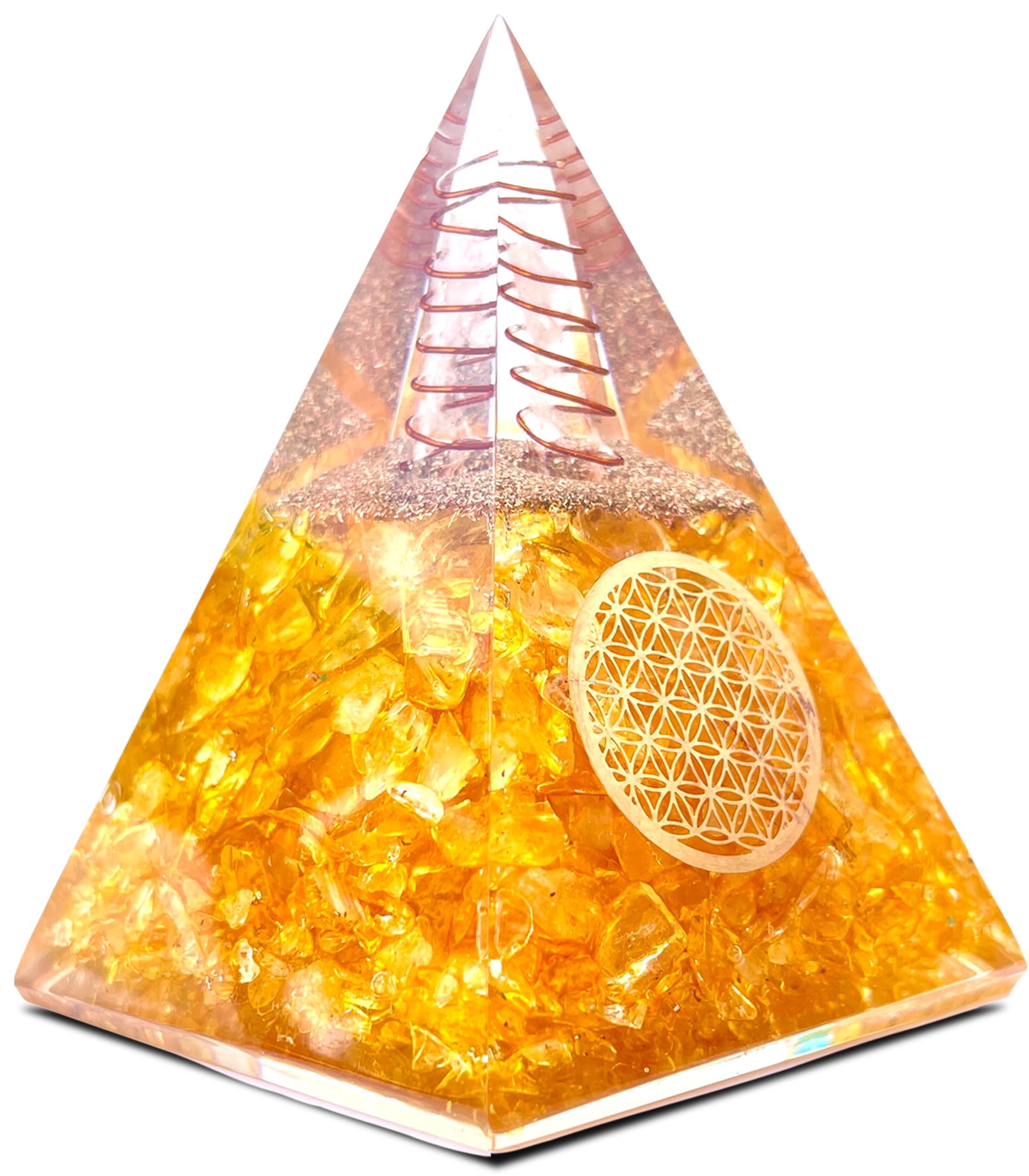 Bombay Crystals Export orgone citrine pyramid closeup showing a serene energy balance