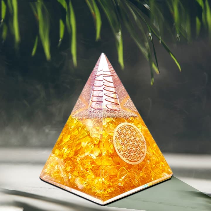 Bombay Crystals Export orgone citrine pyramid on a shelf enhances ambiance