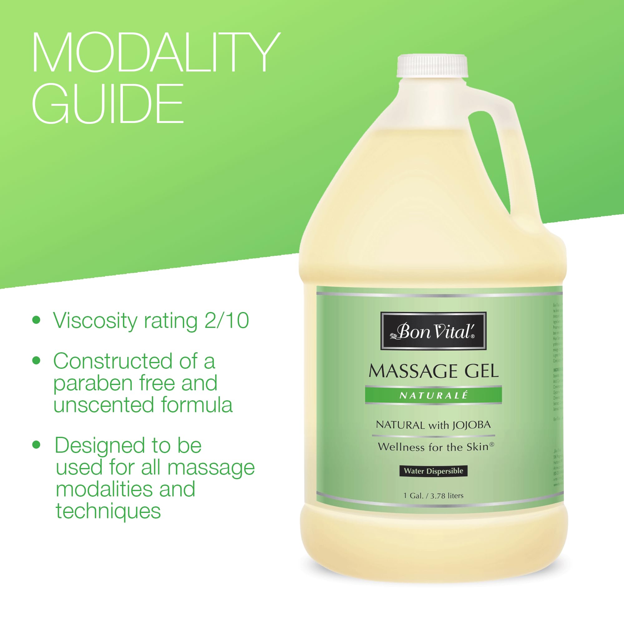 Bon Vital' Naturale massage gel labeled hypoallergenic and gluten-free for sensitive users.