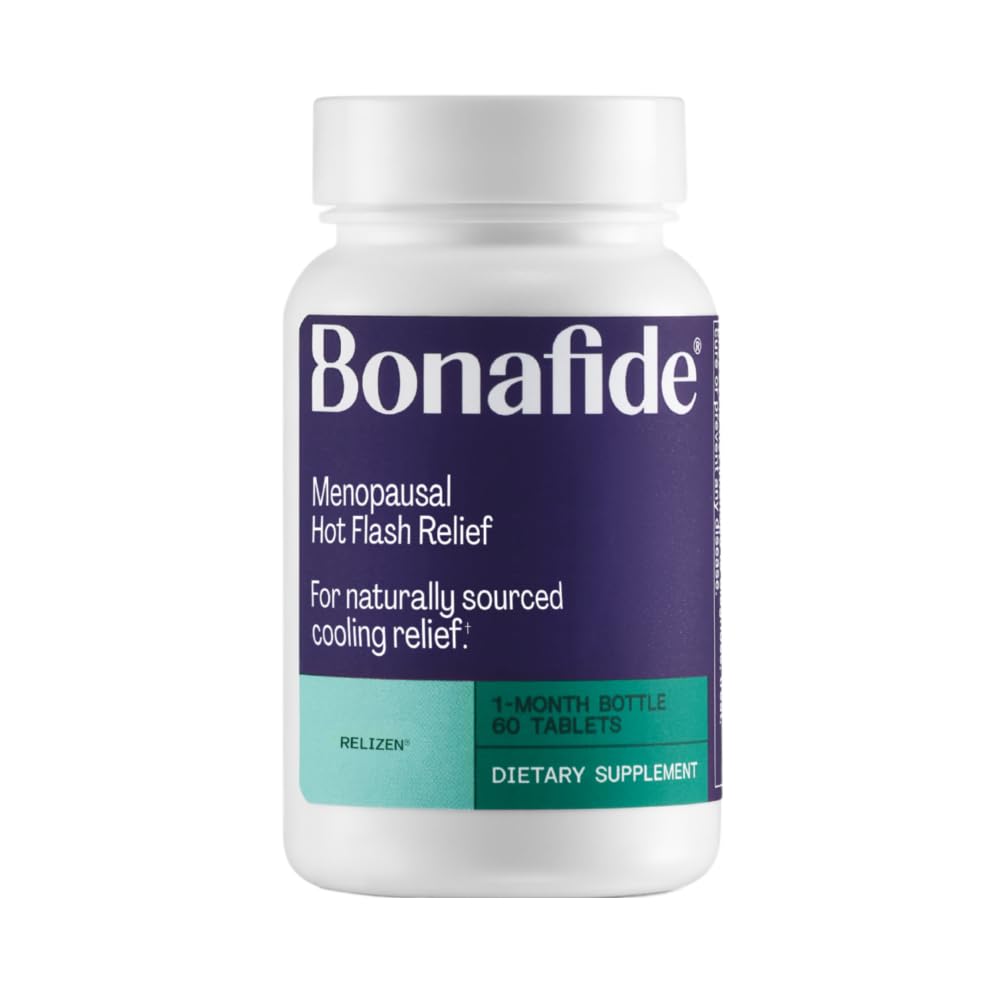 Bonafide Relizen bottle with 60 tablets showing hormone-free menopause relief