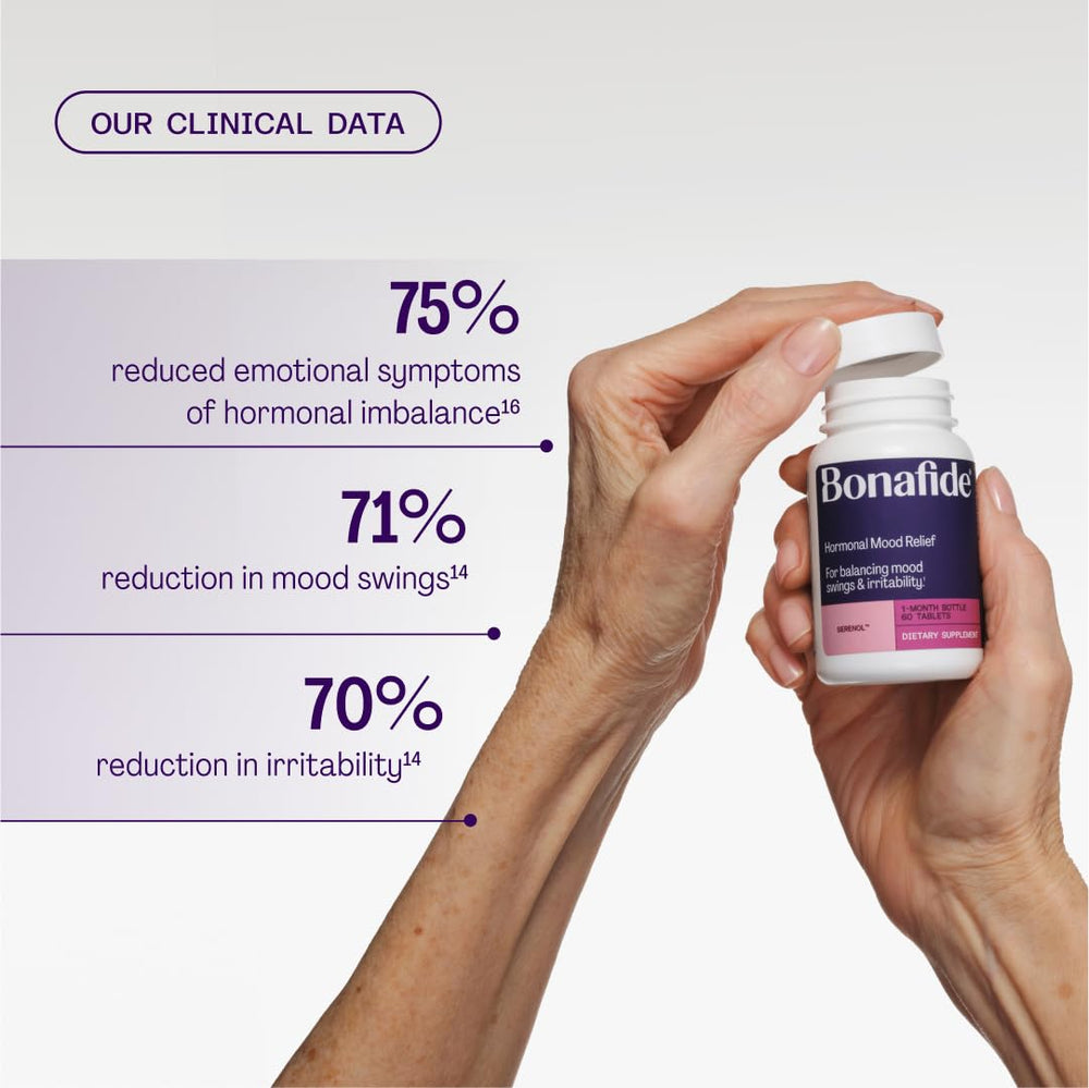 Lifestyle shot with Serenol bottle and glass, suggesting daily routine integration