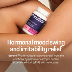 Close-up of Serenol tablets highlighting plant-based formula and easy intake