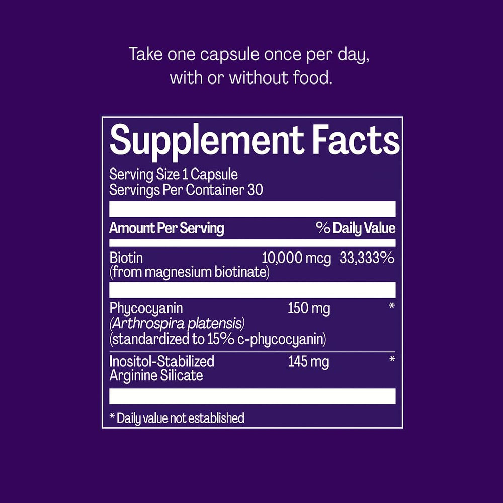 Bonafide Silvessa ingredients: biotin, arginine silicate, phycocyanin for support