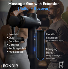 BONDIR R2 massage gun side view showing portable design for travel recovery