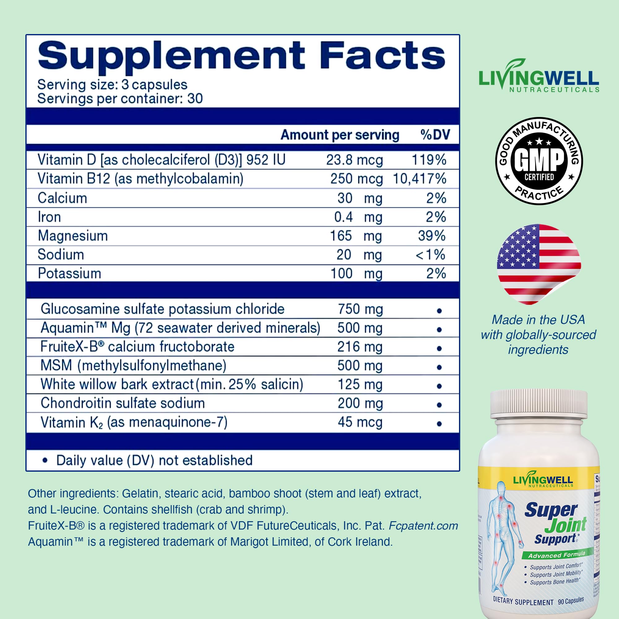 Brand packaging emphasizing bone and cartilage health support.