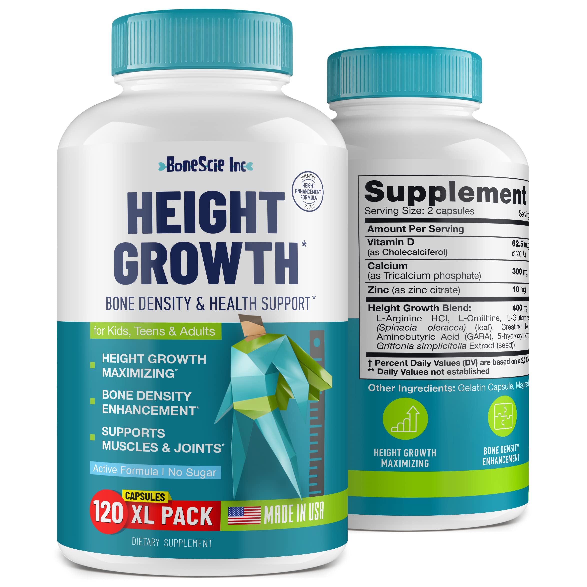 BONESCIE INC Height Growth Maximizer bottle with daily nutrients for bone support.
