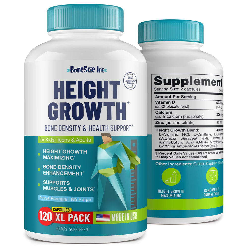BONESCIE INC Height Growth Maximizer bottle with daily nutrients for bone support.