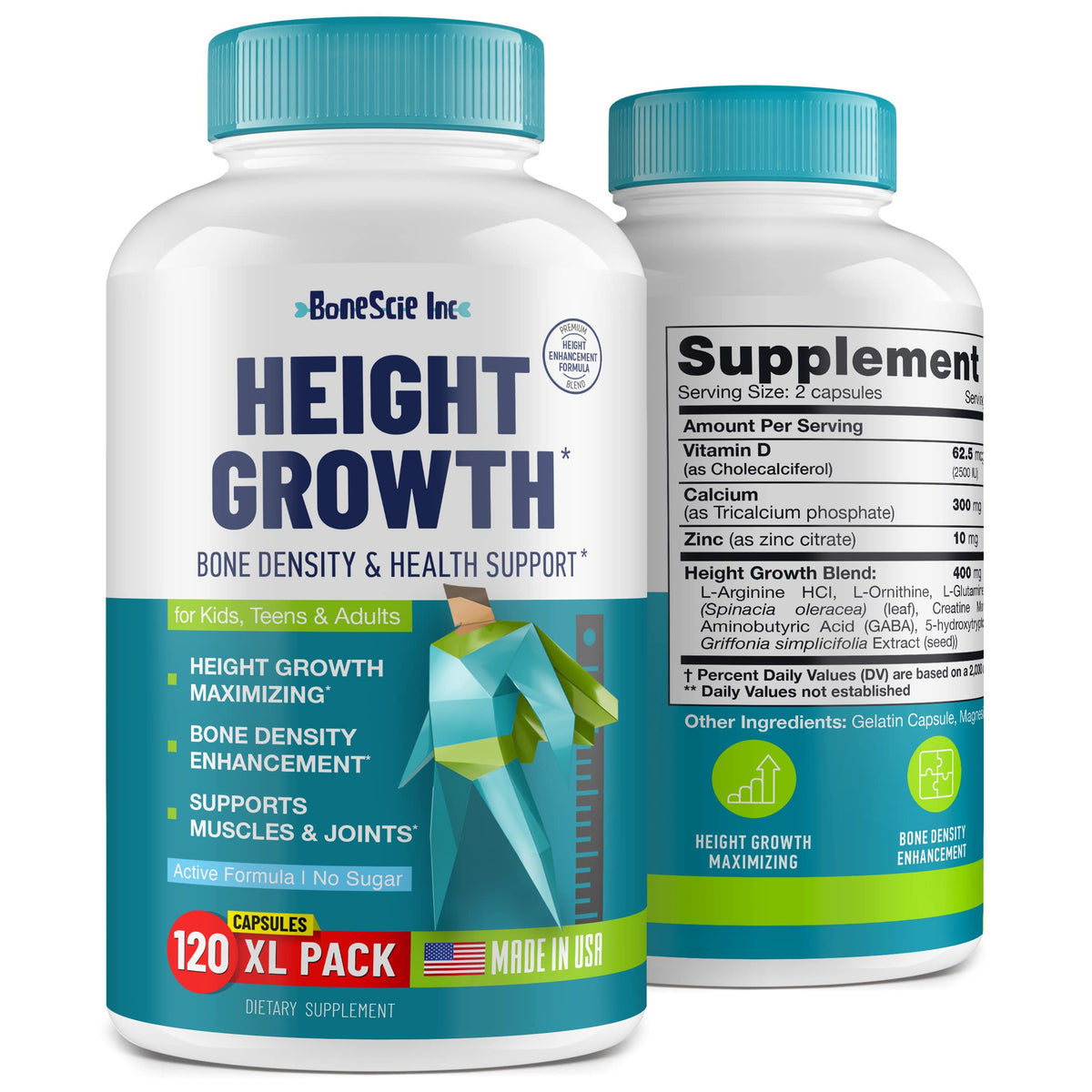 BONESCIE INC Height Growth Maximizer bottle with daily nutrients for bone support.