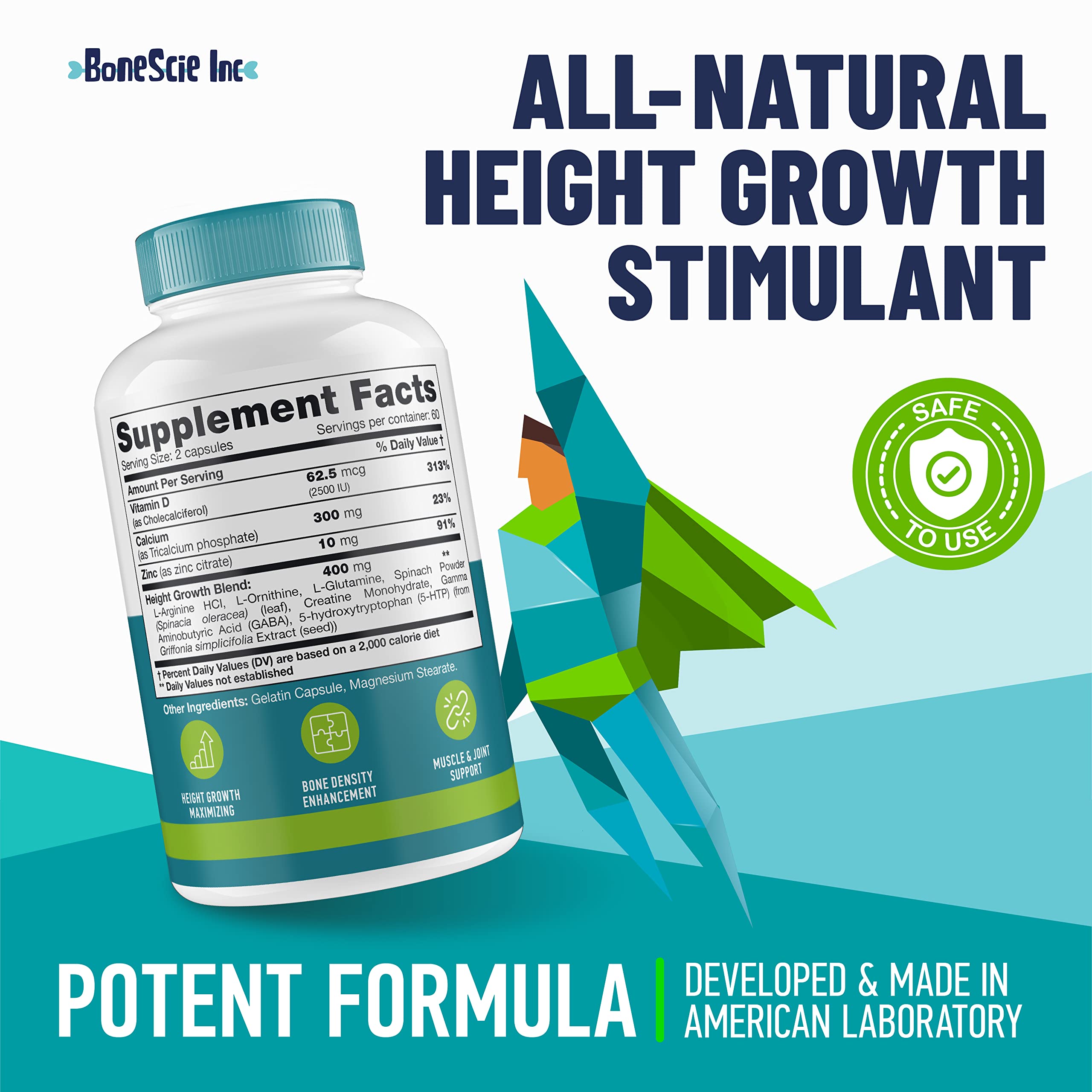 BONESCIE INC Growth pills jar cap close-up highlighting easy-to-take capsules.