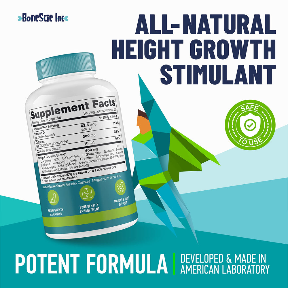 BONESCIE INC Growth pills jar cap close-up highlighting easy-to-take capsules.
