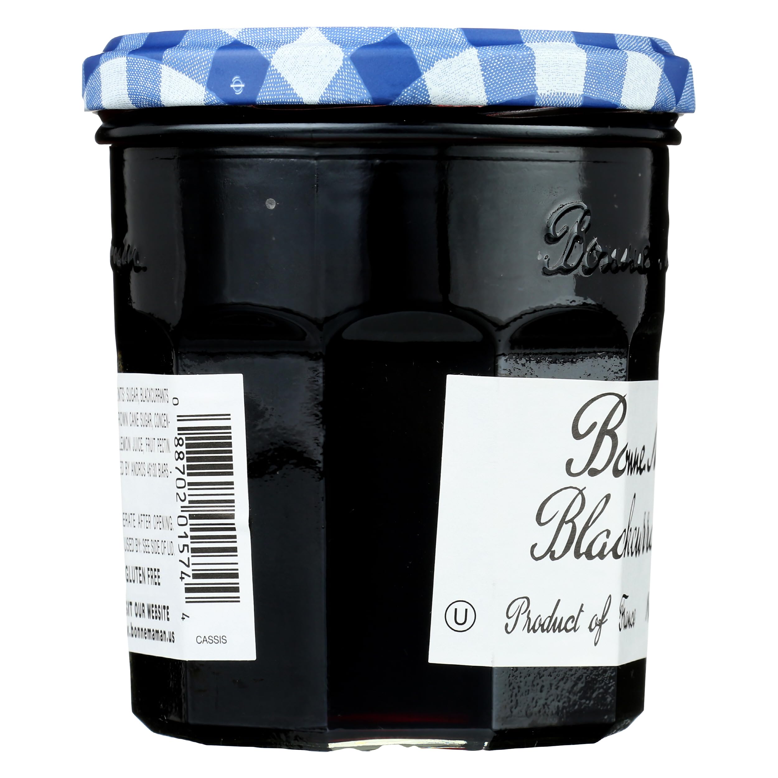 Bonne Maman Black Currant Jelly label closeup highlighting classic recipe heritage.