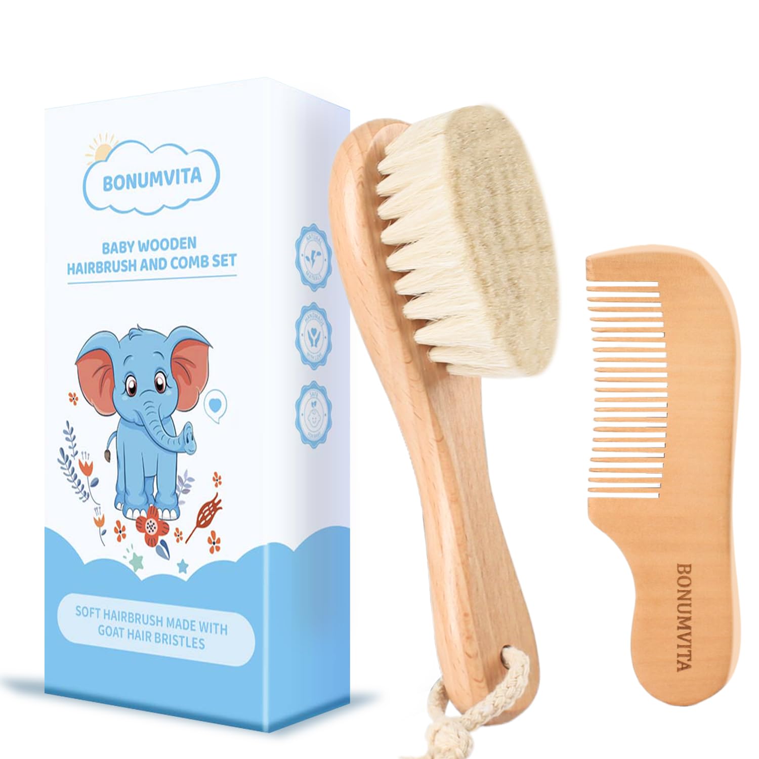 BONUMVITA baby hair brush with soft goat bristle for gentle grooming